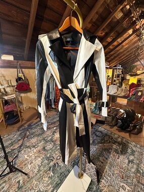 AKIRA Black and White Faux Leather Colorblock Trench Coat